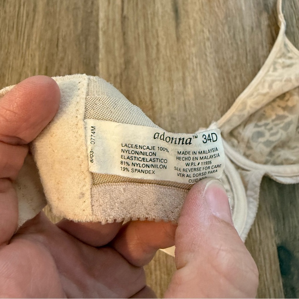Vintage Adonna Unlined Lace Underwire Bra Sz 34D Women’s Beige Tan Cream Pointed - Picture 4 of 4